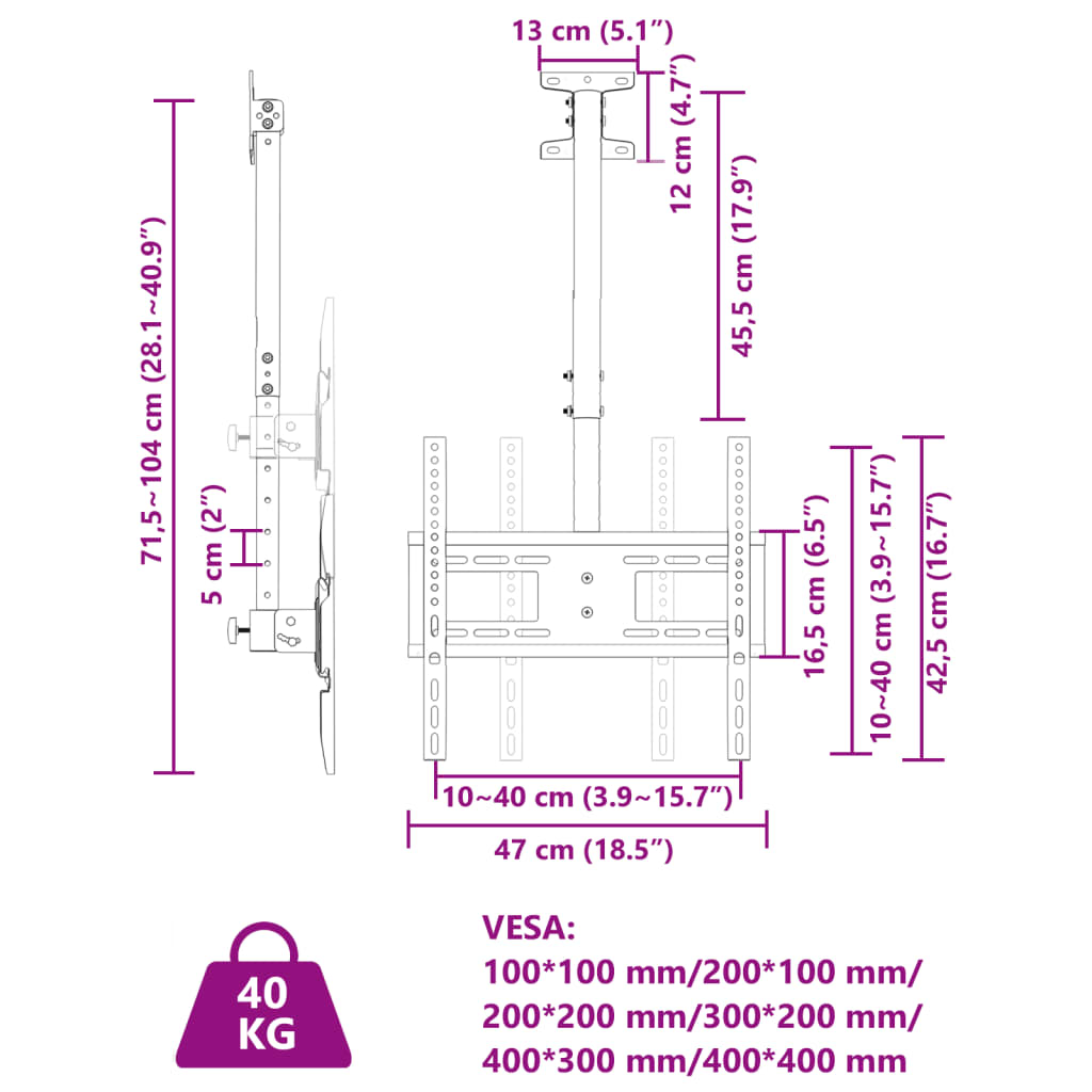 360° schwenkbare TV-Deckenhalterung | Für 32–65 Zoll Bildschirme | Bis zu 30 kg Tragkraft