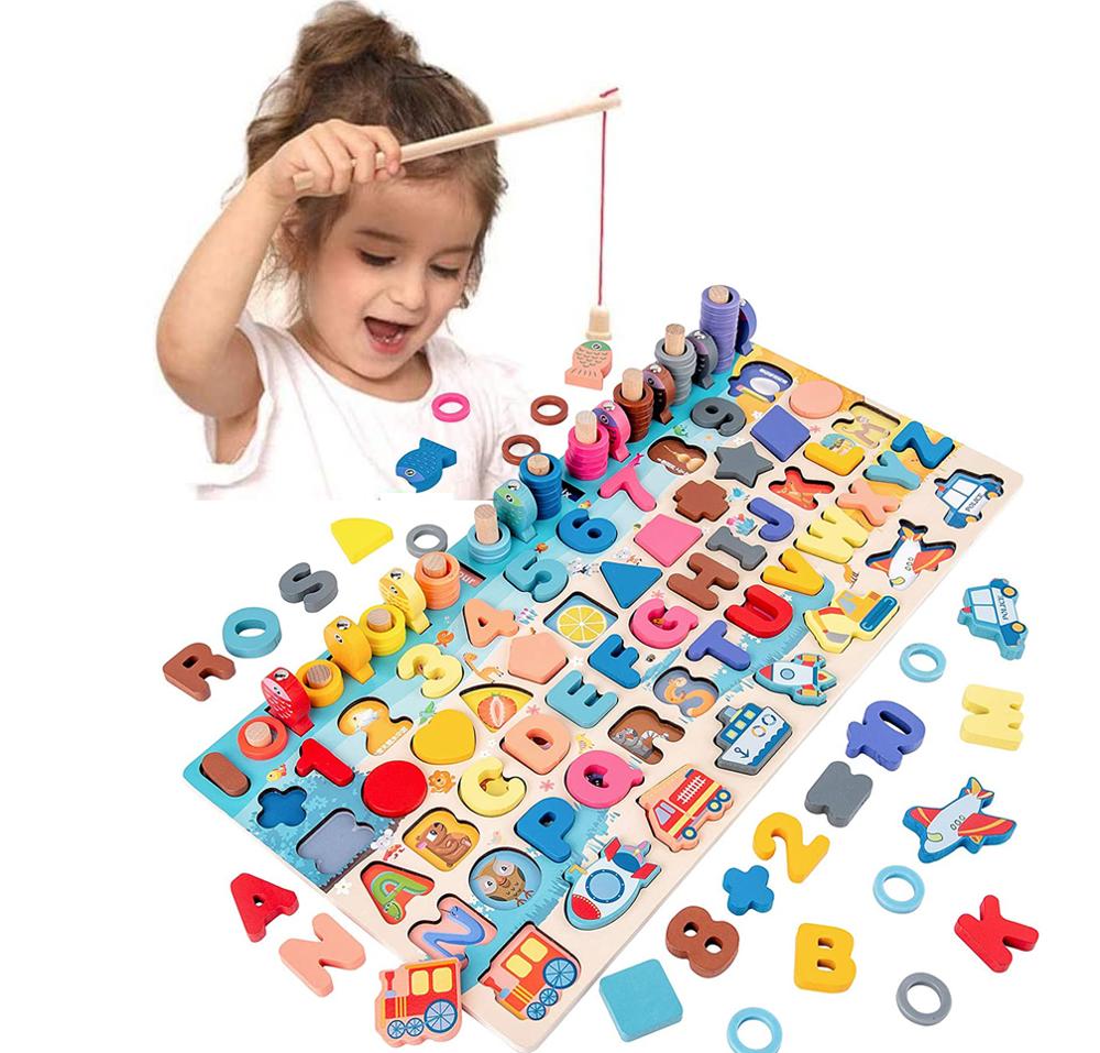 Montessori-Holzspielbrett – Lernspielzeug mit Mathe- und Angelspiel für Kleinkinder (1–3 Jahre)