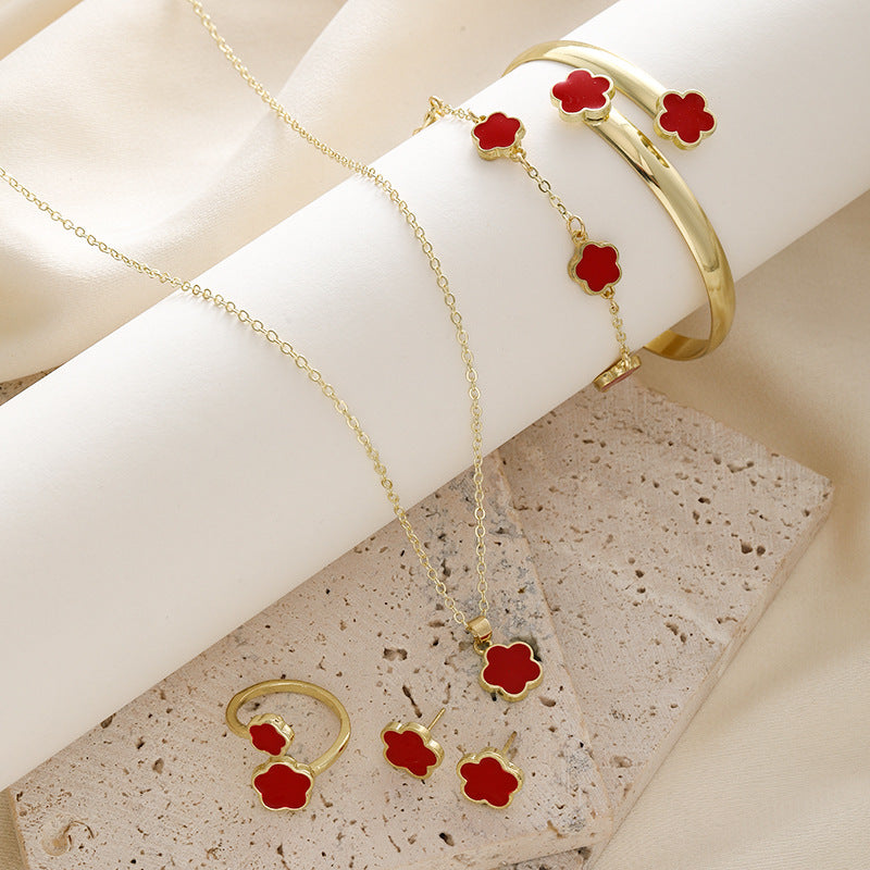 Blumen-Schmuckset mit Emaille für Damen – 5-teilig