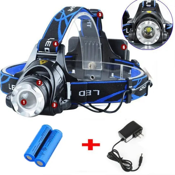 Taktische LED-Stirnlampe – wiederaufladbar, fokussierbar, 3 Lichtmodi für Camping und Outdoor-Einsatz
