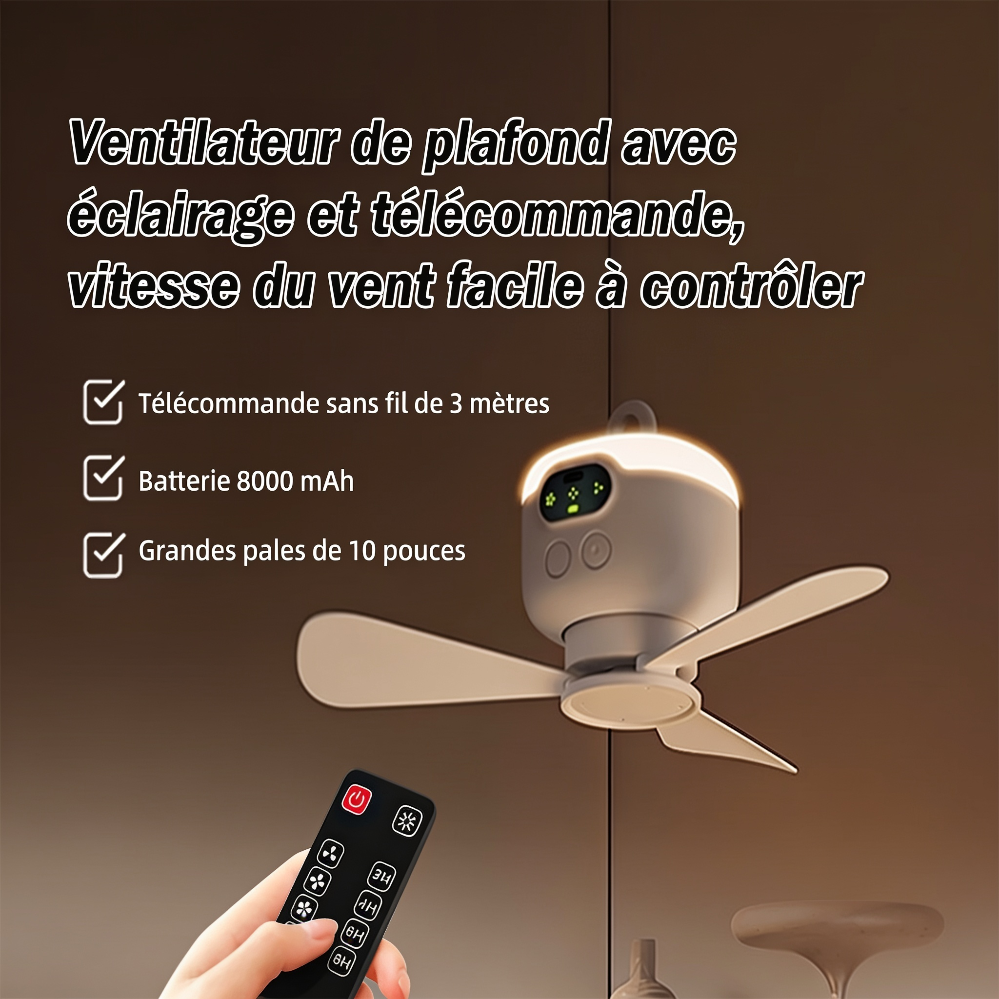 Ventilateur de Plafond Rechargeable 8000 mAh